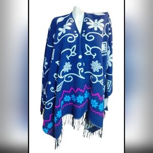 Blue Floral Patterned Poncho with Fringe